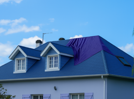 A residential home with a damaged roof partially covered by a heavy-duty tarp, illustrating emergency tarping services to protect against further weather damage