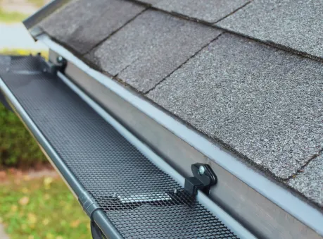 Close-up of a black mesh gutter guard installed on a shingle roof edge – gutter guard installation.