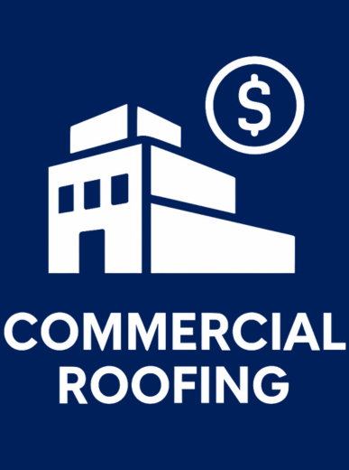 Commercial roofing icon for businesses in Suwanee, GA, featuring a white building with a dollar sign symbol on a dark blue background