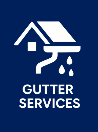 Gutter installation and cleaning icon for homes in Suwanee, GA, showing a house roof, downspout, and water droplets on a dark blue background