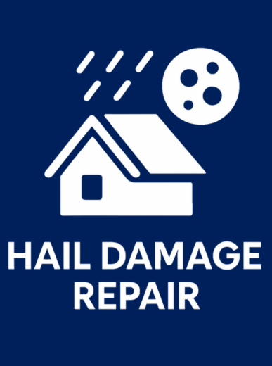 Hail damage repair icon for homes in Suwanee, GA, showing a house roof, hailstorm symbols, and impact marks on a dark blue background